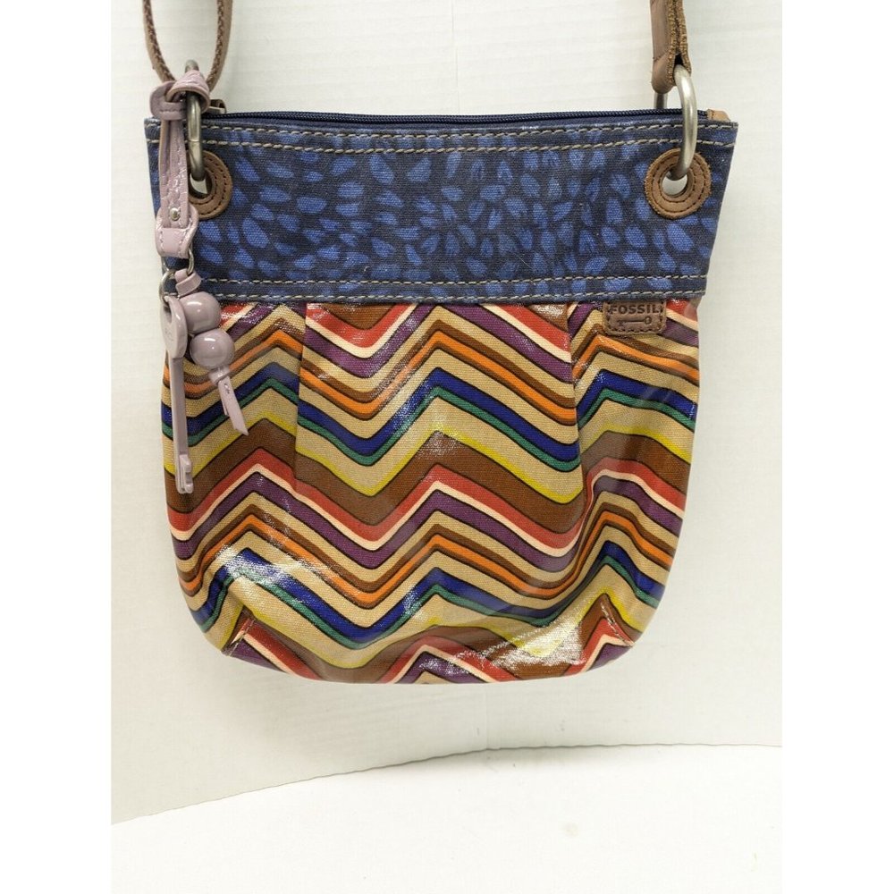 Fossil Zig Zag Key-Per Coated Canvas Crossbody Purse Charm Adjustable Strap